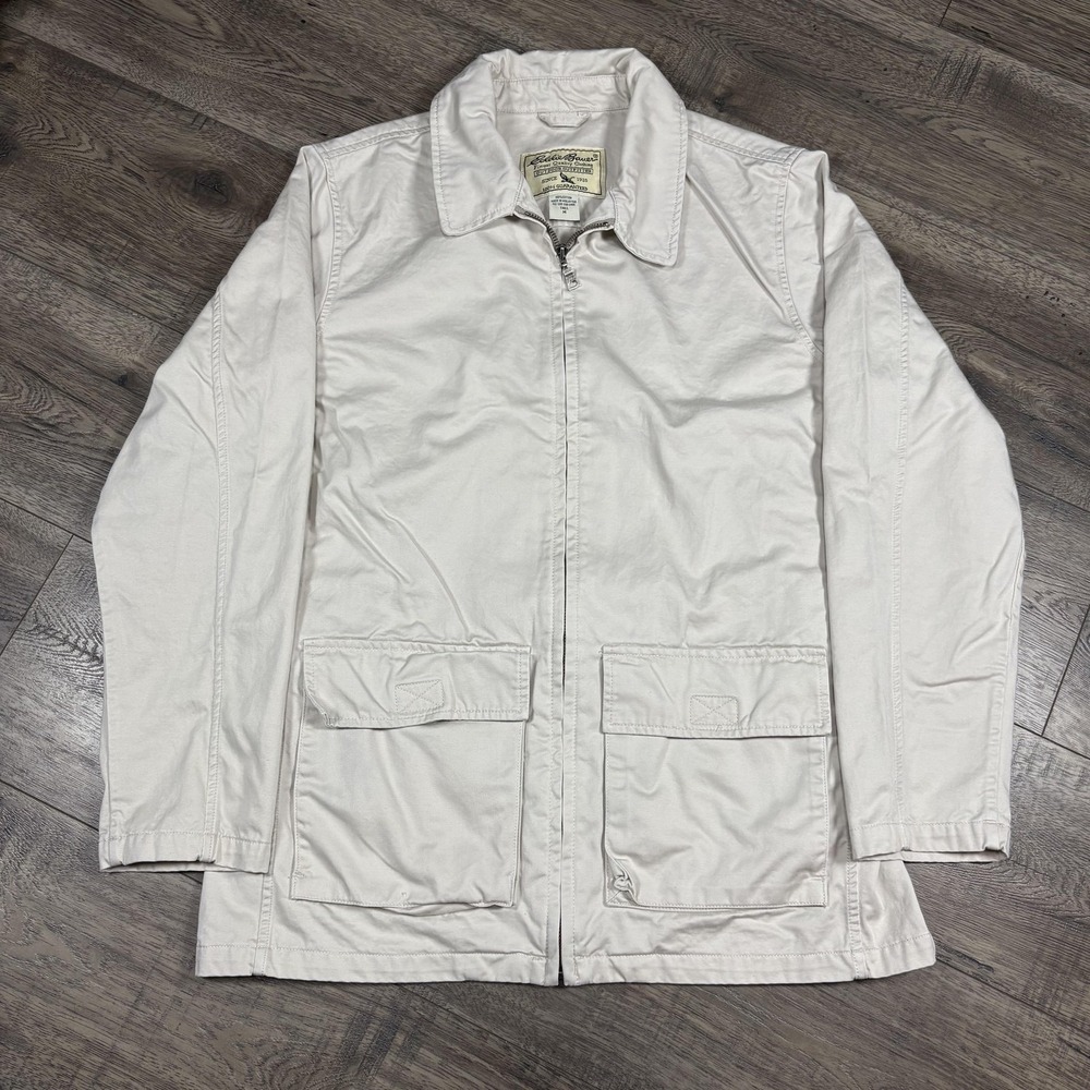 Eddie Bauer Trench Coat Mens MT Beige Canvas Full Zip Pockets Belted Outdoor Y2K